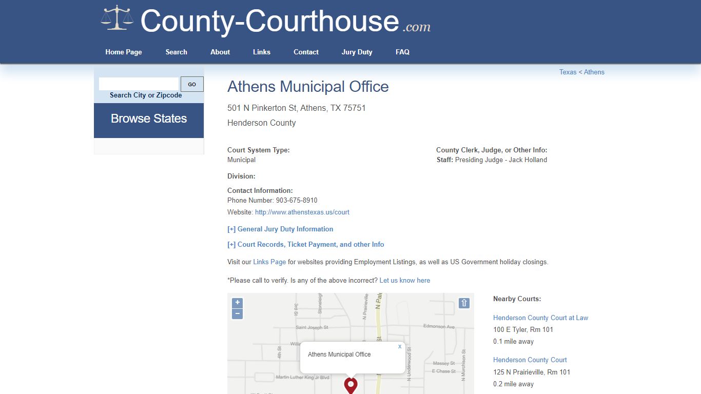 Athens Municipal Office in Athens, TX - Court Information